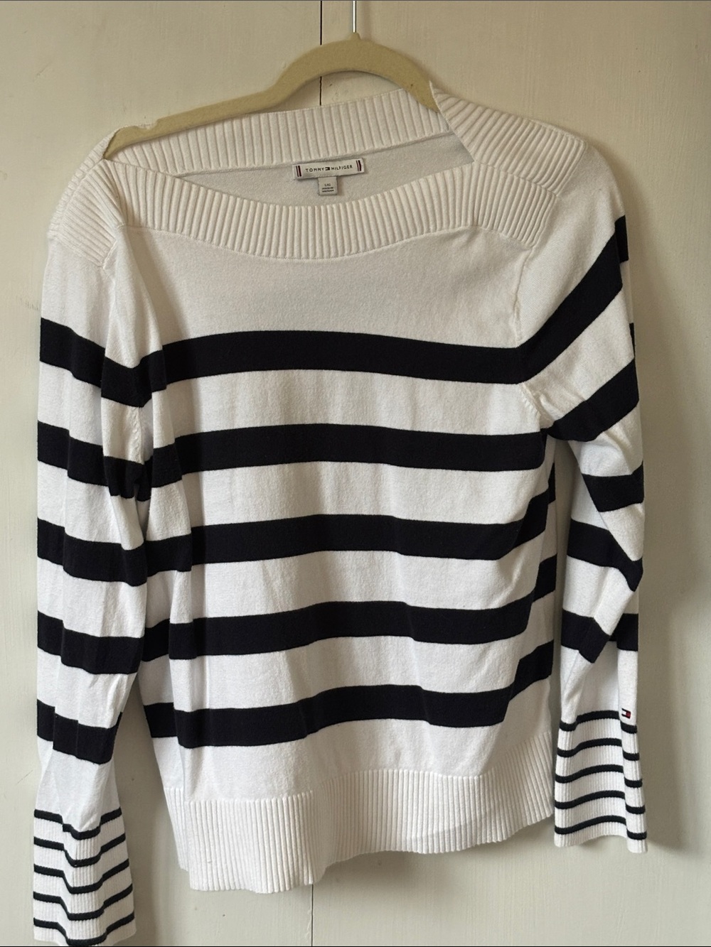 Tommy Hilfiger White and Black Striped Boatneck Sweater